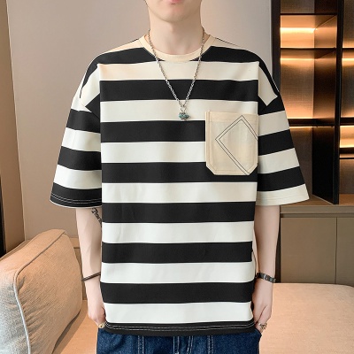 夏季新款男士短袖T恤男港风潮牌宽松圆领五分袖isn百搭半袖上衣潮