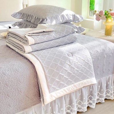 A类母婴级夏凉被夹棉床盖四件套可机洗三件套蕾丝花边空调薄被子