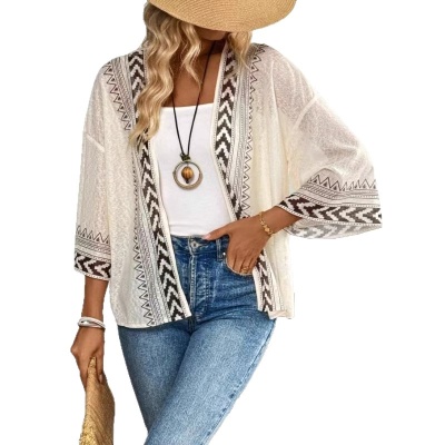 2025春夏欧美跨境亚马逊独立站wish新款女装优雅印花喇叭袖开襟衫