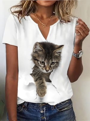 2024年夏季女士短袖T恤时尚独立日国旗猫印花短袖上衣休闲女装