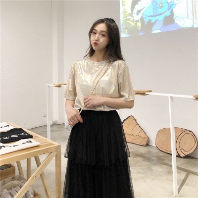 变色反光亮闪闪女装短袖T恤广场舞t恤宽松大码中长款闪光丝表演服