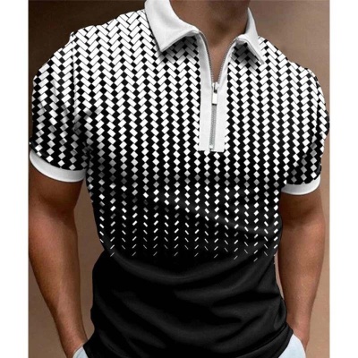 外贸秋季新款男装POLO衫男士休闲短袖翻领T恤3D印花短袖拉链POLO