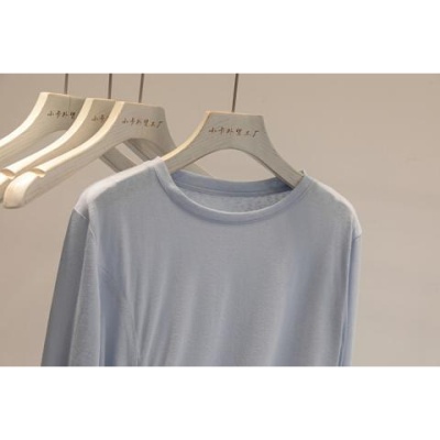 韩系小姐姐!轻薄凉感竹节棉抽绳长袖T恤女简约纯色防晒罩衫潮