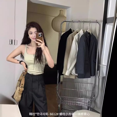 2024螺纹小方领一体背心女一体罩杯内搭外穿无痕休闲吊带背心女