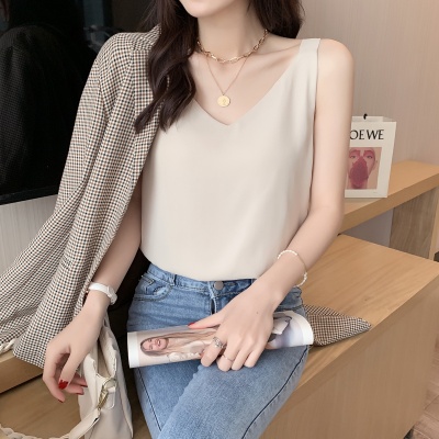 雪纺吊带背心女2024夏季v领双层宽松显瘦外穿内搭白色打底衫上衣