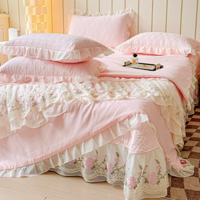 韩版水洗棉夏凉被床盖款四件套少女心空调水洗花边床裙夏被空调薄