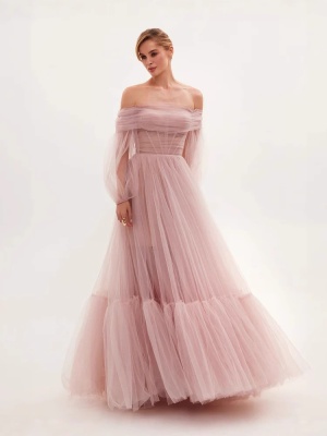 2025年新款跨境外贸长款女装wish一字肩网纱长袖婚纱礼服薄纱长裙