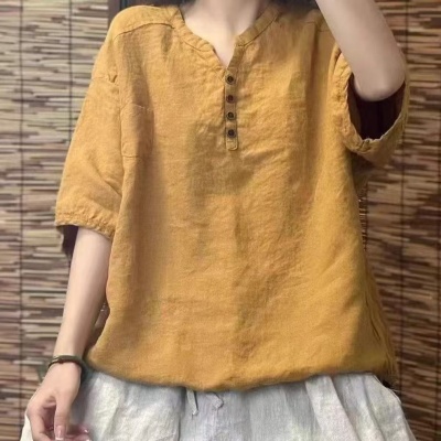 跨境外贸夏季新款女士上衣T恤纯色休闲舒适宽松新中式V领五分袖女