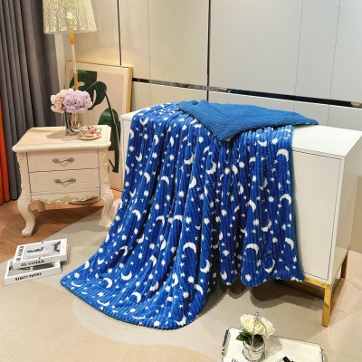 跨境新款星月抽条羊羔绒双层毛毯法兰绒毯子办公室午睡盖毯空调被