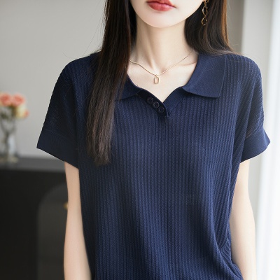 莱赛尔天丝POLO领短袖女宽松休闲t恤衫半袖透气薄款法式女装上衣
