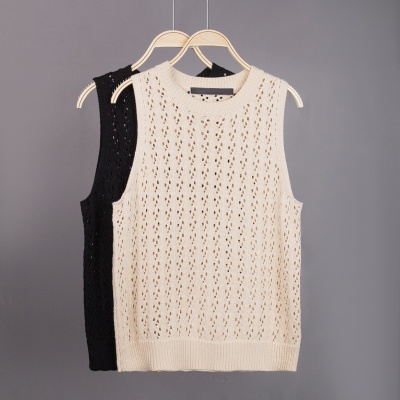 跨境亚马逊爆款新款欧美镂空夏季时尚纯棉无袖圆领女装针织衫毛衣