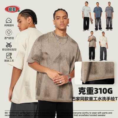 BE男装2025春夏新品重磅水洗擦色vintage短袖男外贸男装boxyT恤男