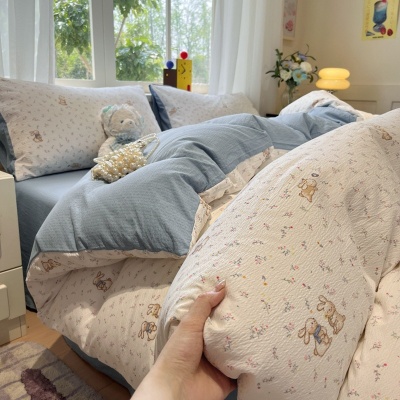 A类双层纱水洗棉四件套单人床单被套纯棉三件套高级感被罩床笠款