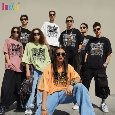 跨境夏季男装潮流t恤男潮牌短袖宽松圆领上衣美式复古T恤英文批发