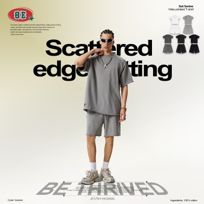 BE男装|2025夏季美式街头复古插肩短袖T恤卷边短裤休闲两件套男潮