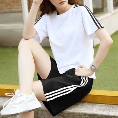 潮仑布夏季两件套宽松休闲短袖T恤短裤ins三道杠跑步舒适运动套装