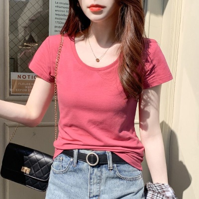 批发修身短袖t恤女v领黑色上衣女鸡心领夏季2024年新款设计感夏装