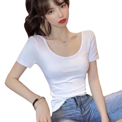 白色t恤女短袖u领2025年夏季新款低领性感紧身上衣修身打底衫批发