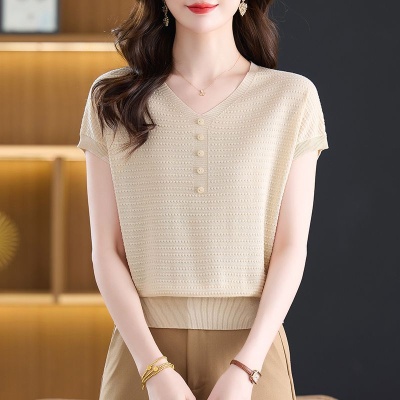 鸿3570夏季新款大码短袖外穿冰丝针织衫夏装上衣洋气宽松薄款T恤