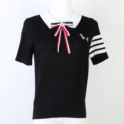 tb针织衫女短袖蝴蝶结刺绣小狗针织衫简约四条杠POLO领tb针织衫潮