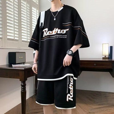 夏季新款休闲运动套装男生港风宽松搭配潮流帅气短袖短裤两件套装