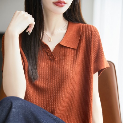 莱赛尔天丝POLO领短袖女宽松休闲t恤衫半袖透气薄款法式女装上衣