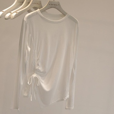 韩系小姐姐!轻薄凉感竹节棉抽绳长袖T恤女简约纯色防晒罩衫潮