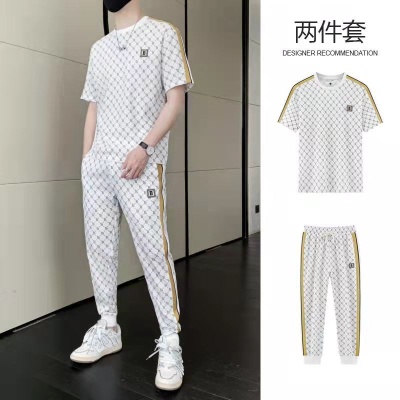 男士2024夏季新款休闲冰丝套装男款潮流帅气T恤+短裤运动两件套装