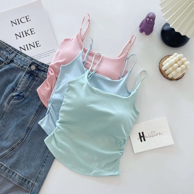 纯欲风甜辣设计感褶皱吊带背心女带胸垫一体杯内搭外穿美背上衣女