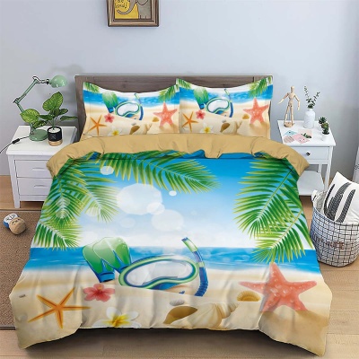 跨境床上三件套定制90磨毛布数码印花夏威夷沙滩被套枕套代发厂家