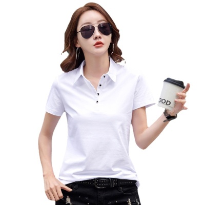 夏季2025新款翻领短袖T恤女装纯棉韩版宽松纽扣Polo衫紫色外货源