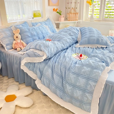 韩系ins风纯色水洗棉泡泡纱四件套少女心床单被套学生宿舍三件套