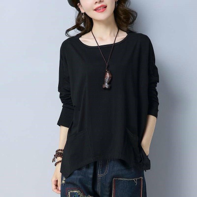 纯色大码女装设计感口袋长袖t恤女秋装2025新款宽松复古简约上衣