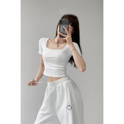 辣妹修身方领打底衫夏季短款纯欲露脐高腰T恤纯色显瘦短袖上衣女