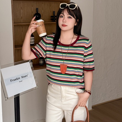 大码女装彩色条纹上衣女针织衫2025夏款胖mm宽松显瘦短袖t恤22837