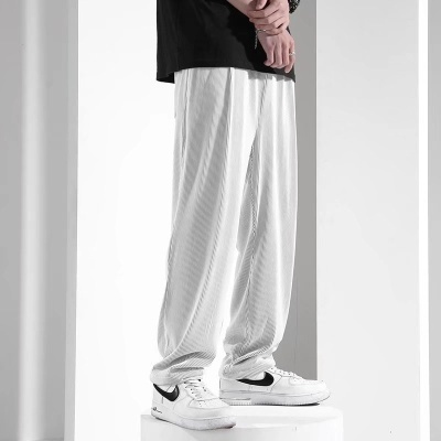 夏季薄款冰丝裤男款宽松大码垂感空调运动休闲裤子潮流阔腿裤代发