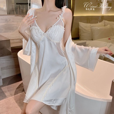 唯美纱木耳花边吊带睡裙家居性感睡裙套装缎面拼纱透气纯欲睡衣