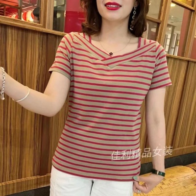 【实价】女士t恤短袖2023新款百搭显瘦宽松大码休闲条纹v领上衣女