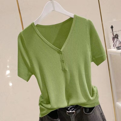 冰丝短袖t恤女针织衫2023夏季新款潮百搭薄款V领显瘦打底上衣外穿