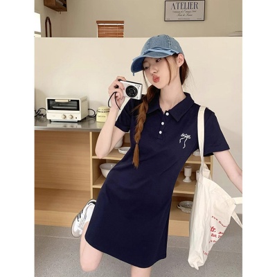 纯棉学院风蝴蝶结刺绣polo领连衣裙女夏季设计感小众收腰显瘦裙子