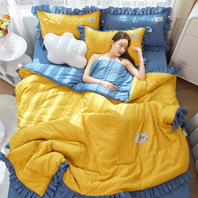 网红款夏凉被四件套空调被三件套韩版纯色夏被水洗棉薄被子可机洗