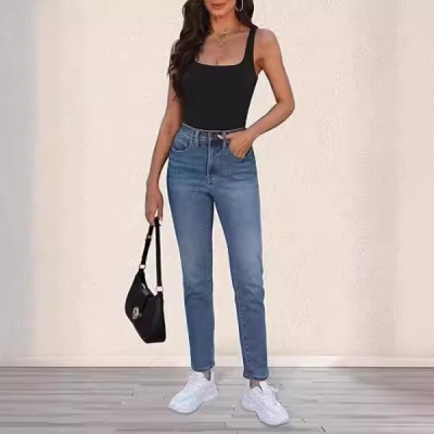 跨境欧美女t恤2024新款夏季时尚无袖马甲方领背心修身螺纹短上衣