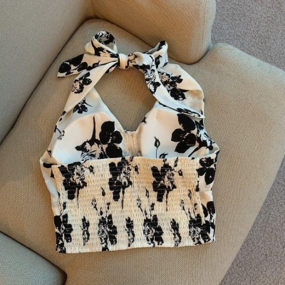 花朵挂脖吊带背心女夏季新款小众性感v领显瘦外穿露背系带ins上衣