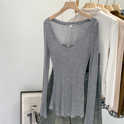 天丝亲肤薄款微透修身纯欲辣妹白色u领防晒打底罩衫T恤女早秋上衣