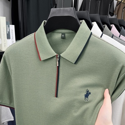 男士夏季新款半拉链时尚拼色刺绣男polo短袖中青年高端韩版休闲T
