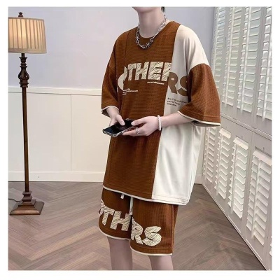 拼色华夫格休闲套装男士夏季宽松短袖短裤搭配帅气运动服男装一套