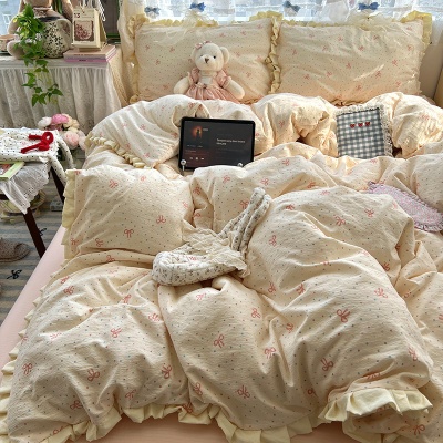 A类春夏法式皱皱纱花边四件套少女心全棉被套大学生宿舍床上用品