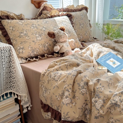 新款复古风双层纱水洗棉夏被四件套床单床笠款床品花边空调被薄被