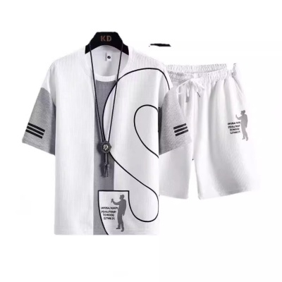 2023港风夏季韩版运动套装男生宽松T恤学生短袖简约五分裤高级感