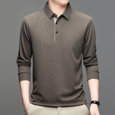 跨境外贸冰丝弹力薄款长袖t恤男式春秋季中年休闲打底polo衫上衣